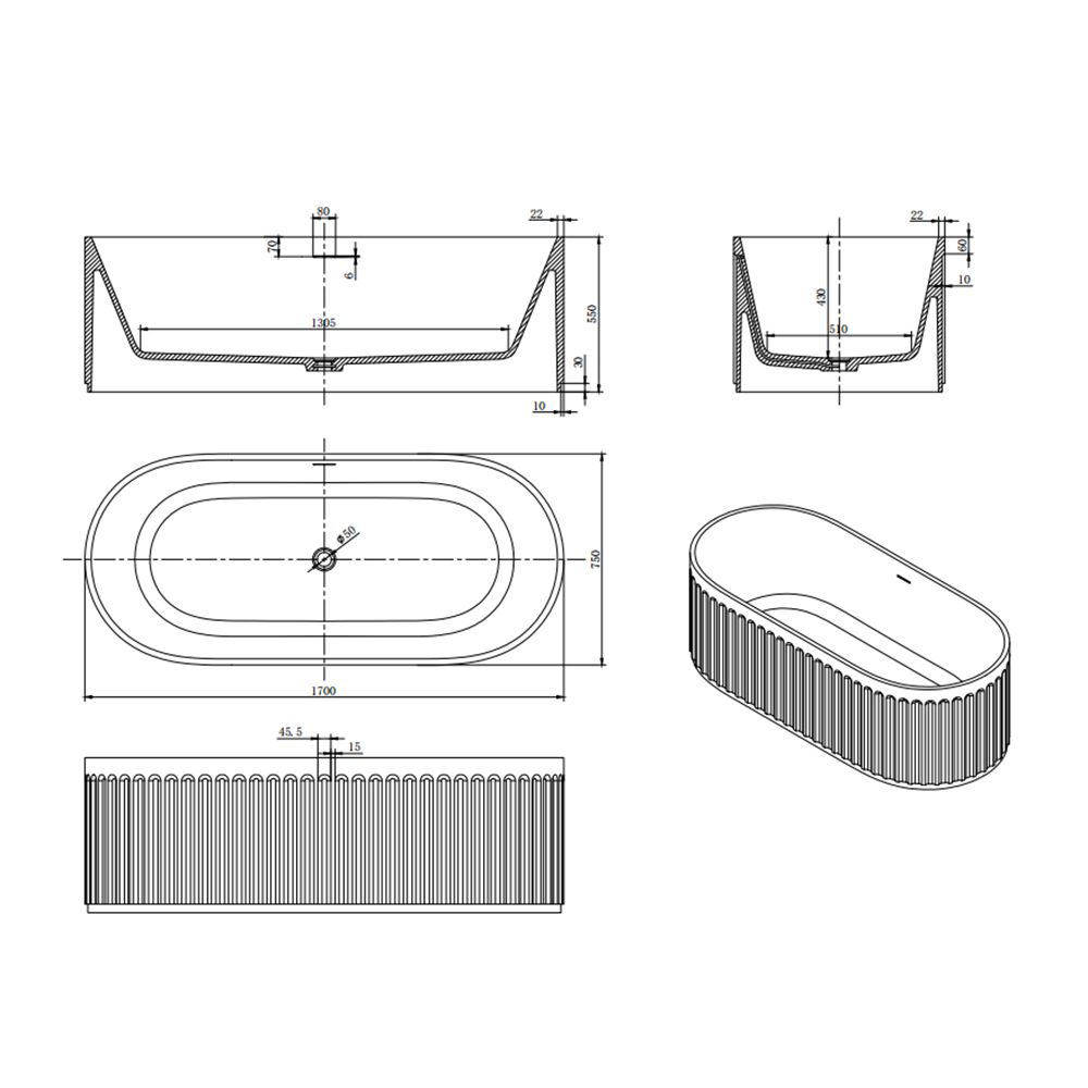 KT-8212 Nordic Blue Fluted Solid Surface Freestanding Bathtub | Oval Racetrack Design