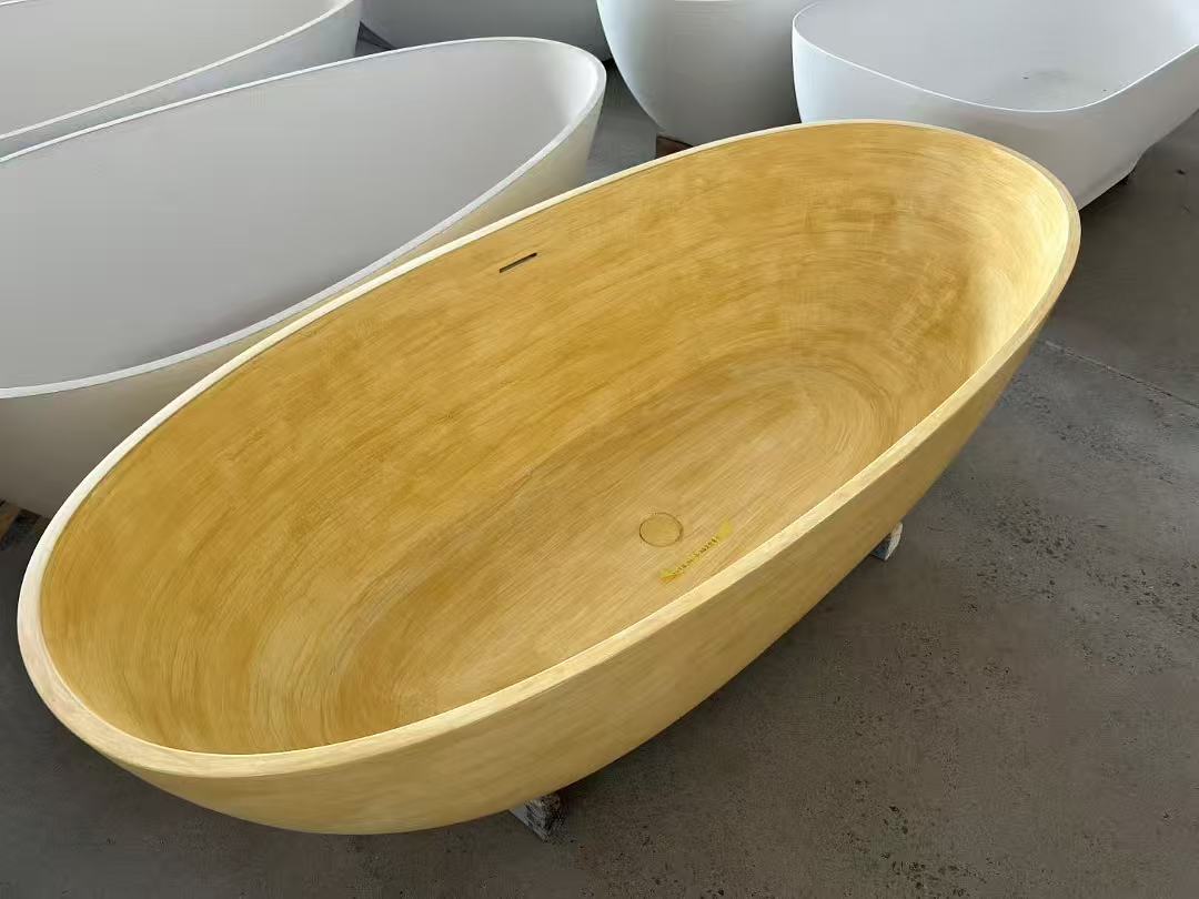 Oval shape wooden grain solid surface bathub