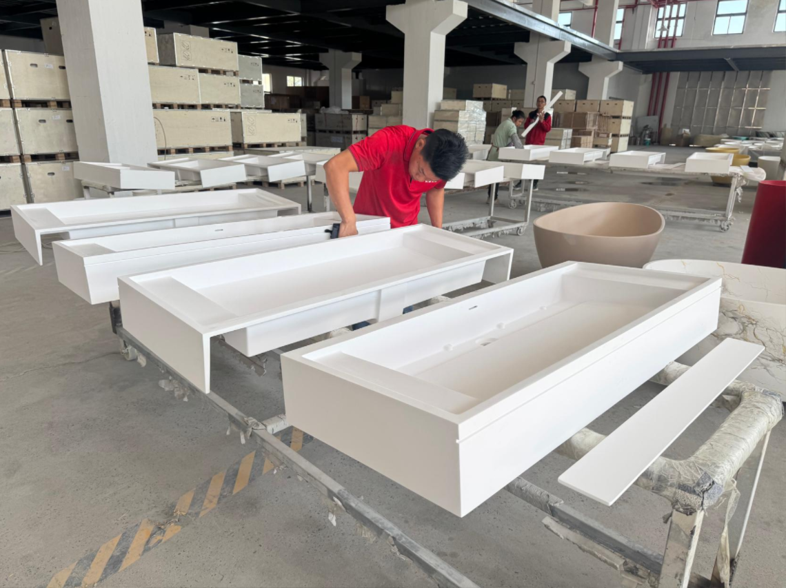 White solid surface integrated basin